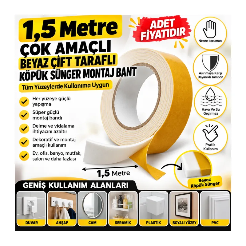 Çok Amaçlı Tüm Yüzeylerde Kullanıma Uygun Beyaz Çift Taraflı Köpük Sünger Montaj Bant(adet fiyatıdır)