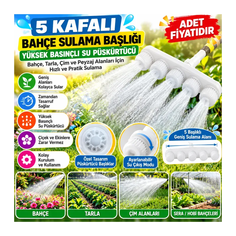 5 Kafalı Peyzaj Bahçe Tarla Çim Sulama Başlığı Yüksek Basınçlı Su Püskürtücü Hortum Aparatı(adet fiyatıdır)