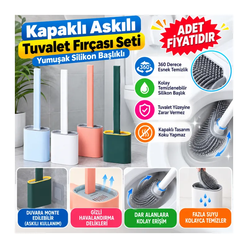 Duvara Monte Edilebilir Kapaklı Askılı Klozet Yumuşak Silikon Başlıklı Tuvalet Fırçası Seti(adet fiyatıdır)
