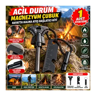 Acil Durum Magnezyum Çubuk Çakmaktaşı Hayatta Kalma Ateş Başlatıcı Çakmak Kiti Düdük Hediyel