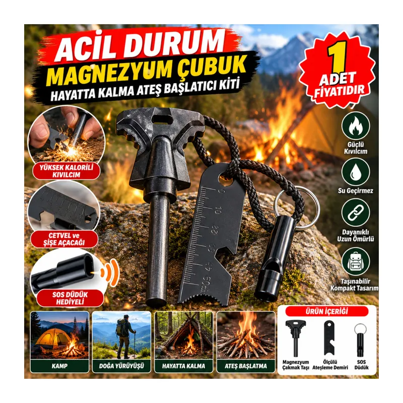 Acil Durum Magnezyum Çubuk Çakmaktaşı Hayatta Kalma Ateş Başlatıcı Çakmak Kiti Düdük Hediyel