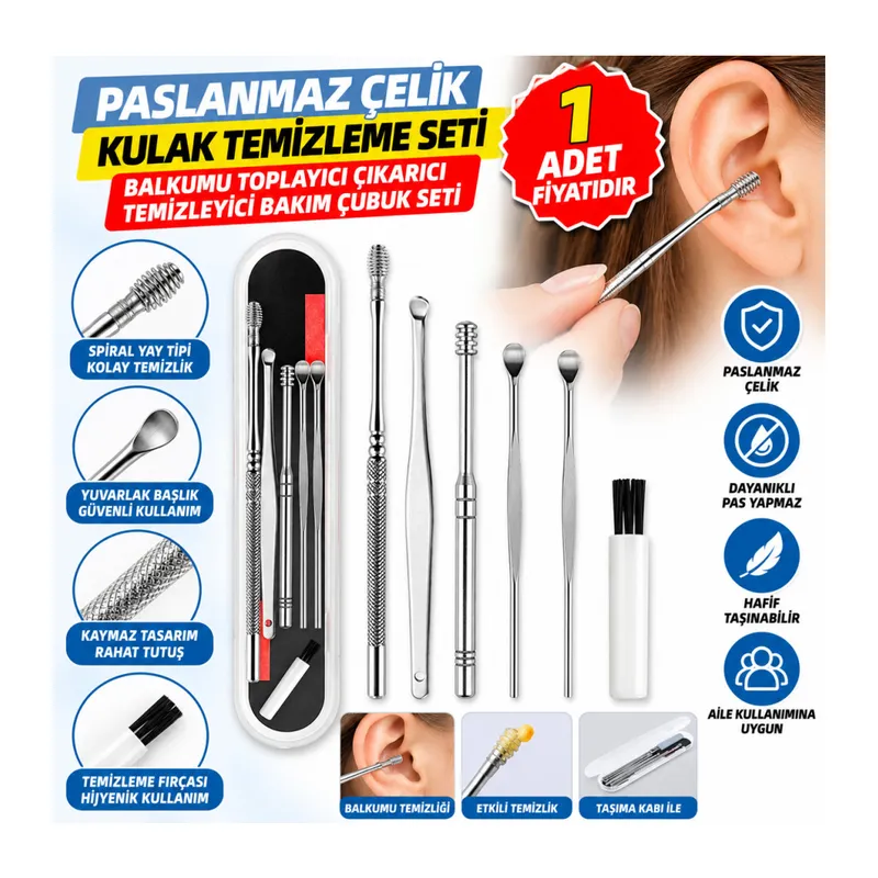 6 Parça Paslanmaz Çelik Kulak Balmumu Toplayıcı Çıkarıcı Temizleyici Bakımı Çubuk Seti