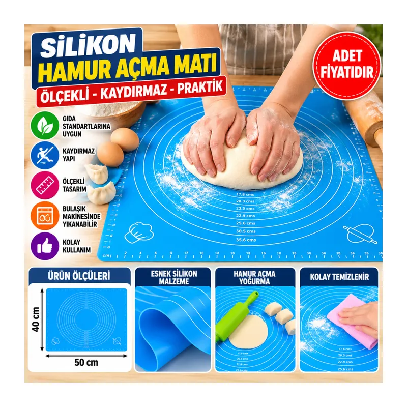 40*50 cm Silikon Ölçekli Kullanımı Kolay Hamur Açma Matı Ekmek Mantı Makarna Hamuru Yoğurma (adet fiyatıdır)