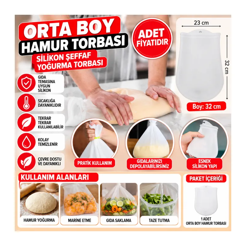 Orta Hamur Torbası Silikon Şeffaf Hamur Yoğurma Torbası Ekmek Makarna Mantı Hamuru Kolay (adet fiyatıdır)