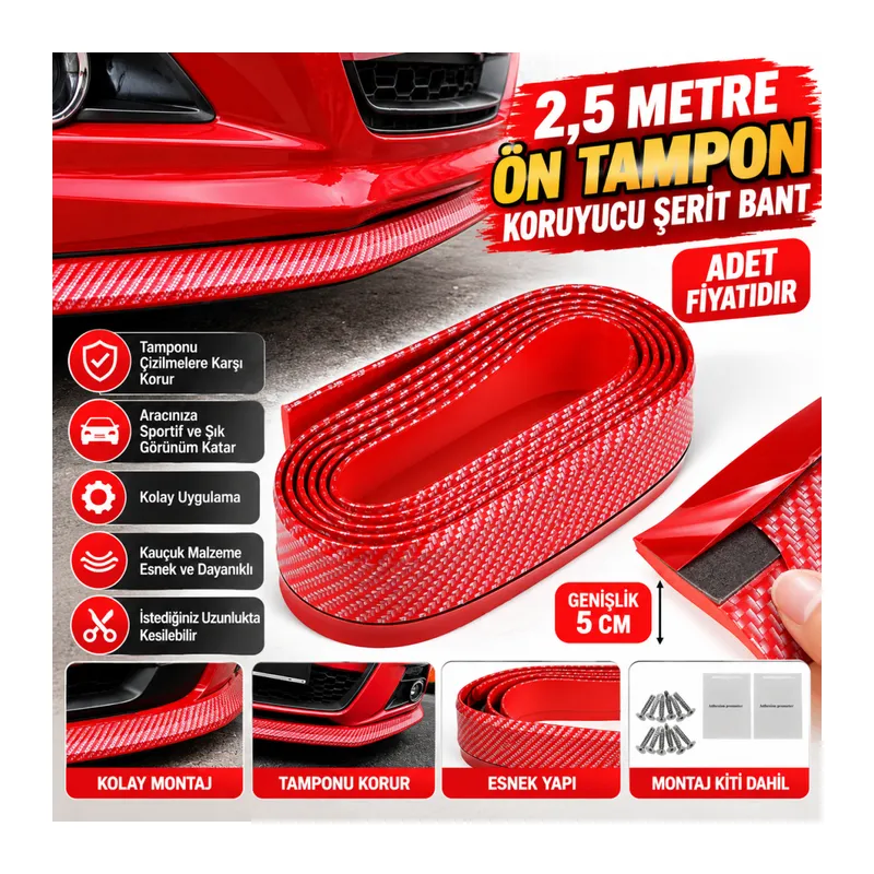 Kırmızı Renkli 2,5 Metre Araba Oto Ön Tampon Koruyucu Kauçuk Pratik Tampon Şerit Bant Döşeme