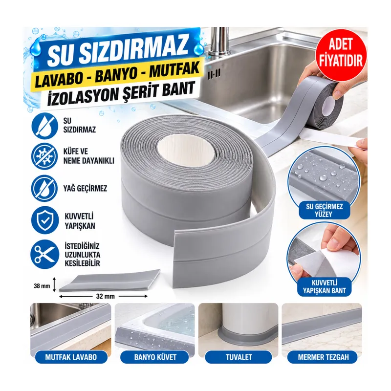Gri Su Sızdırmaz Banyo Mutfak Lavabo Küvet İzolasyon Şerit Bant (adet fiyatıdır)