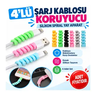 4lü Apple, Android Şaj Kablosu Koruyucu Silikon Spiral Yay Aparat