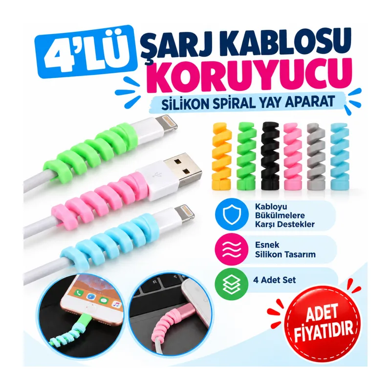 4lü Apple, Android Şaj Kablosu Koruyucu Silikon Spiral Yay Aparat