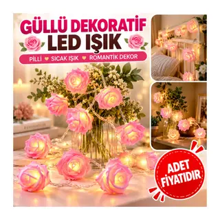 Yapay Gül Tasarımlı Dekoratif Led Işık Gül Detaylı Led Işık Pilli (20 Gül)