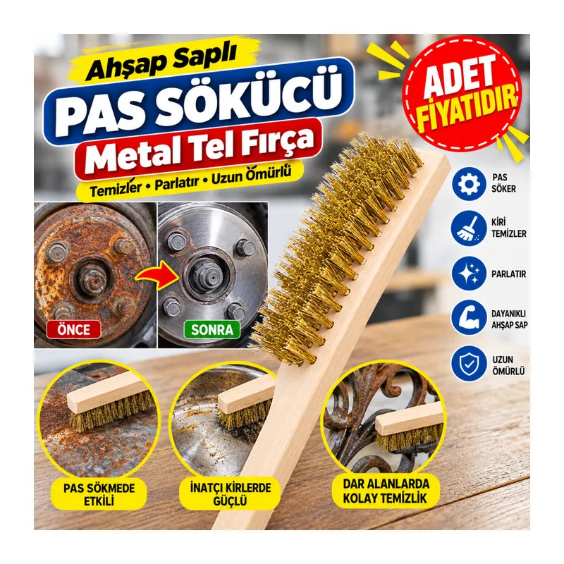 Metal Telli Fırça Ahşap Saplı Pas Kir Sökme Temizleme Fırçası (adet fiyatıdır)