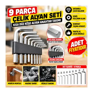 9 Parça Çelik Alyan Seti Kısa Düz Köşe Alyan Anahtar Takımı