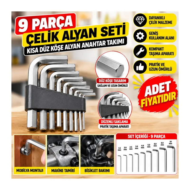9 Parça Çelik Alyan Seti Kısa Düz Köşe Alyan Anahtar Takımı