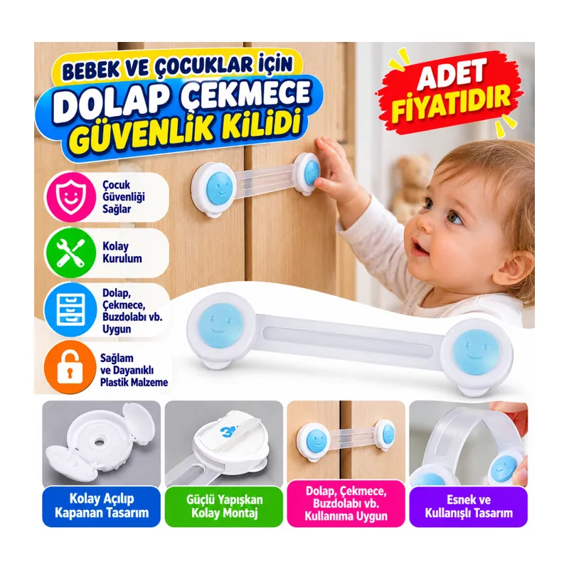 Bebek ve Çocuklar İçin Dolap Çekmece Emniyet Güvenlik Kilidi (adet fiyatıdır)