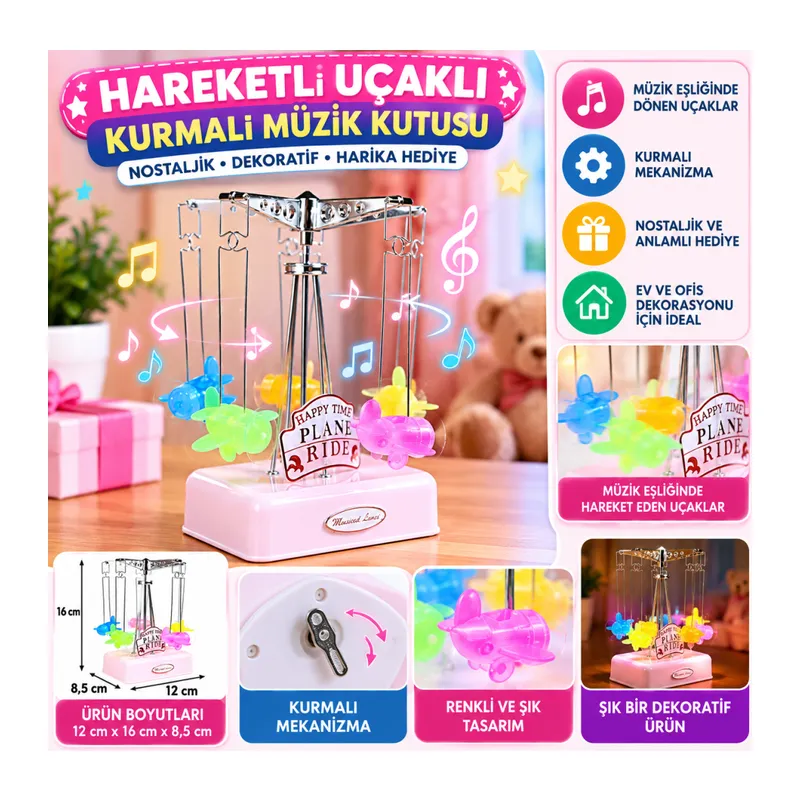 Hareketli Uçaklı Kurmalı Hediyelik Küçük Müzik Kutusu Aleti