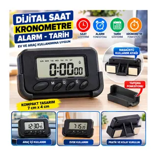 Ev ve Araç Tipi Dijital Saat Kronometreli Alarmlı Pilli Saat