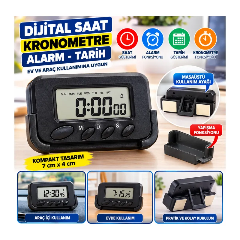 Ev ve Araç Tipi Dijital Saat Kronometreli Alarmlı Pilli Saat