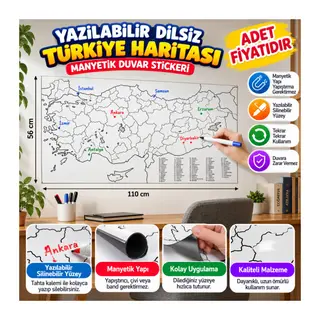 Yazılabilir Türkiye Haritası Manyetik Duvar Stickerı 110 x 56 cm (adet fiyatıdır)