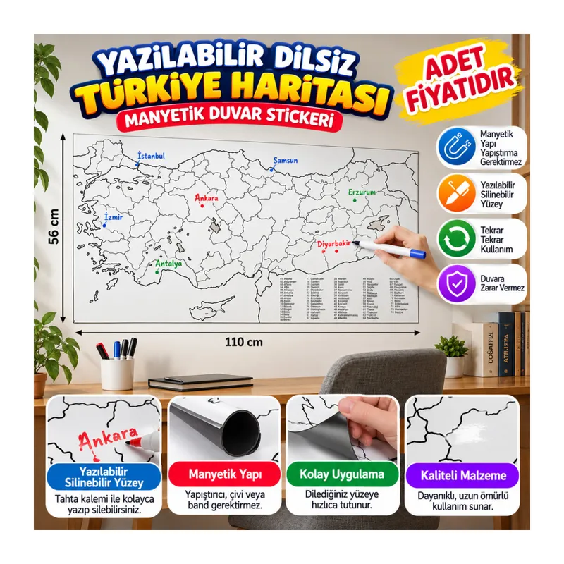 Yazılabilir Türkiye Haritası Manyetik Duvar Stickerı 110 x 56 cm (adet fiyatıdır)