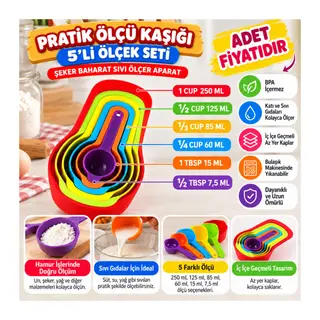 Pratik Ölçü Kaşığı Kabı 5li Şeker Baharat Sıvı Ölçer Aparat