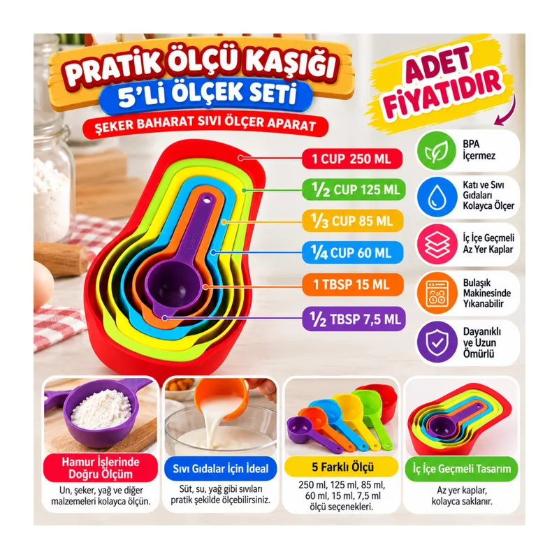 Pratik Ölçü Kaşığı Kabı 5li Şeker Baharat Sıvı Ölçer Aparat