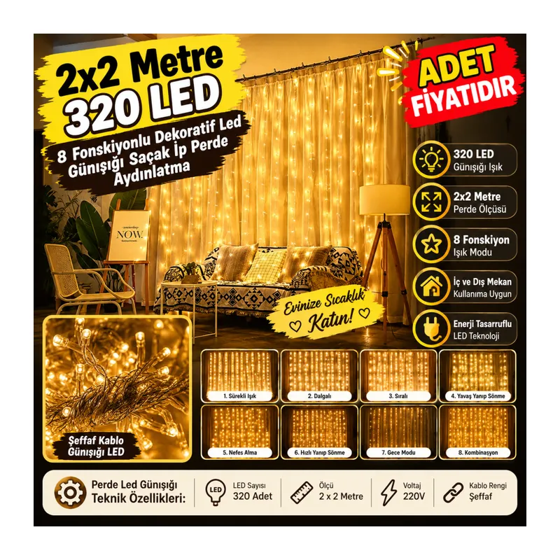2x2 Metre 320 Led 8 Fonskiyonlu Dekoratif Led Günışığı Perde (adet fiyatıdır)