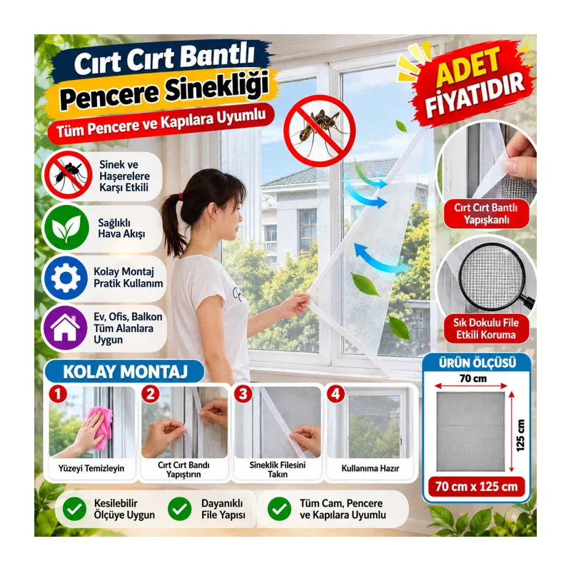 Tüm Cam Pencere Kapılara Uyumlu Tek Kanat Pencere Sinekliği (adet fiyatıdır)