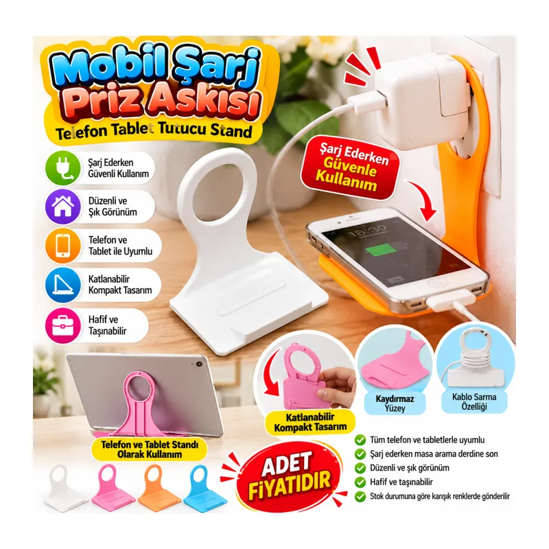 Universal Mobil Şarj Priz Askısı ve Telefon Tablet Tutucu Stand (adet fiyatıdır)
