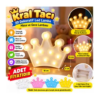 3D Dekoratif Pilli Kraliçe Tacı Model Led Masa ve Gece Lambası (adet fiyatıdır)