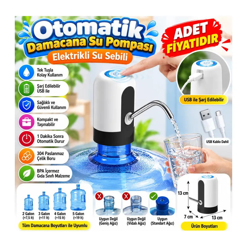 Usb ile Şarj Edilebilir Elektrikli Otomatik Damacana Su Pompası (adet fiyatıdır)