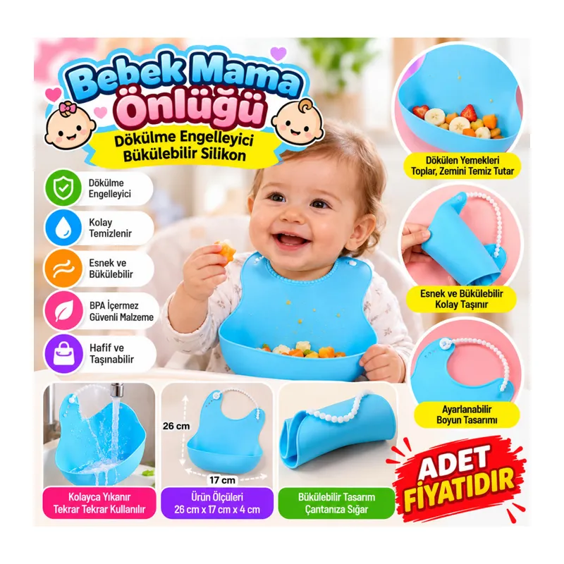 Çocuk Bebek Mama Önlüğü Dökülme Engelleyici Bükülebilir Mavi (adet fiyatıdır)