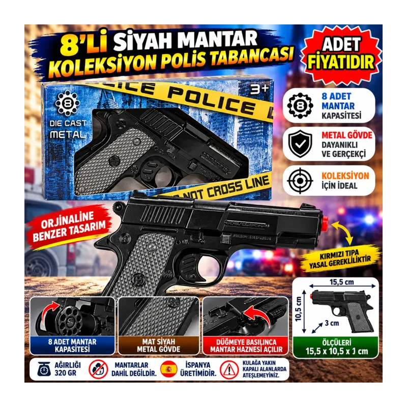 8 li Siyah Mantar Koleksiyon Polis Tabancası (adet fiyatıdır)