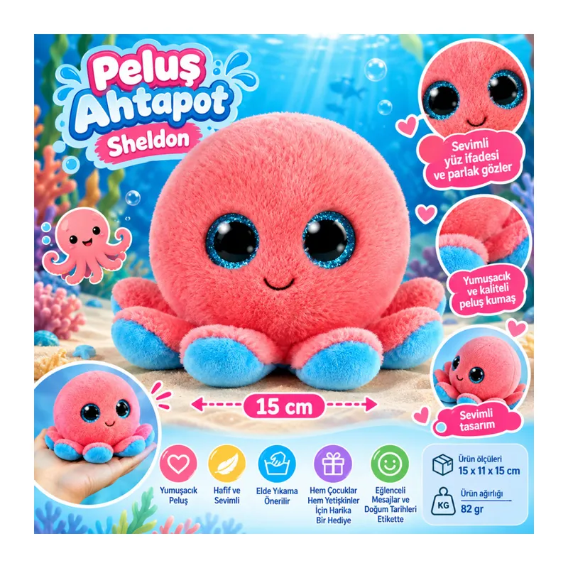 Peluş Pembe Ahtapot Sheldon 15 cm