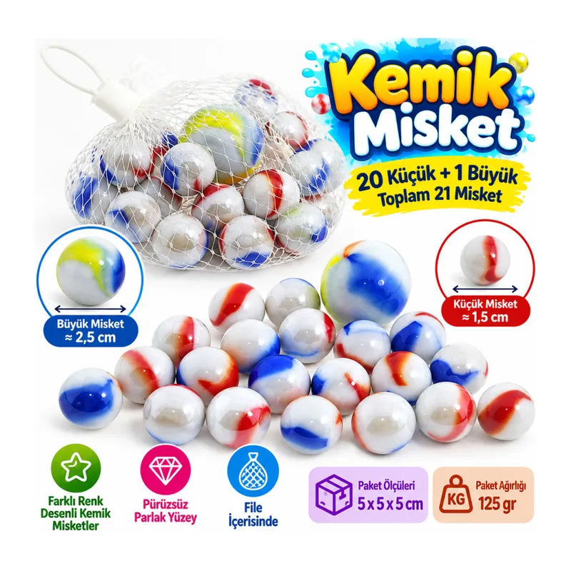 Kemik Misket File içerisinde 20 küçük 1 büyük Misket