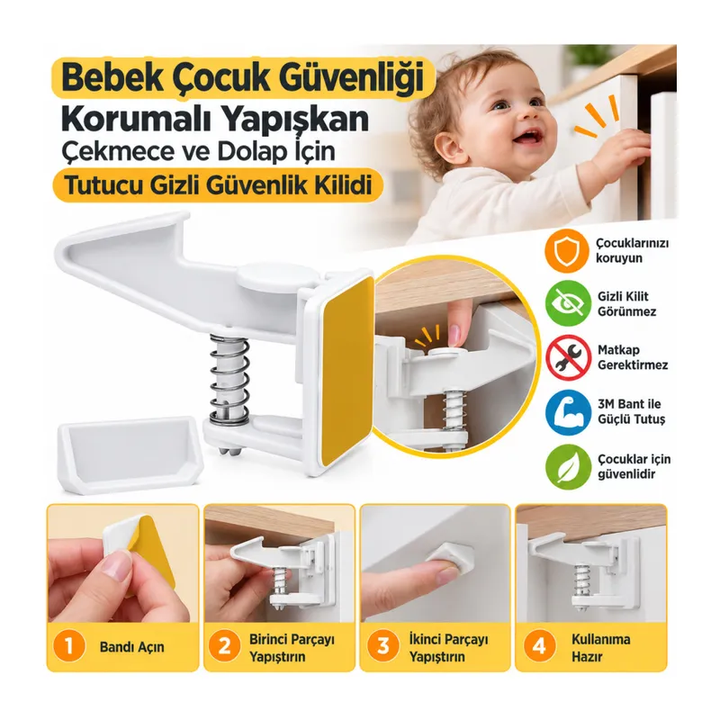 Bebek Çocuk Güvenliği Korumalı Yapışkan Çekmece ve Dolap İçin Tutucu Gizli Güvenlik Kilidi