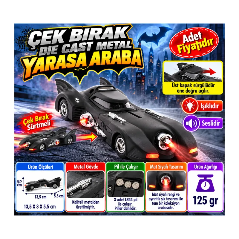 Çek Bırak Die Cast Metal Yarasa Araba (adet fiyatıdır)