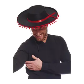 Kırmızı Ponponlu Siyah Renk Yetişkin İspanyol Şapkası