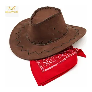 Çocuk Kovboy Şapka Kahverengi & Kırmızı Bandana Seti