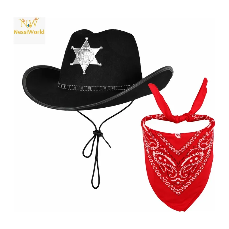 Çocuk Kovboy Şapka Rozetli Siyah & Kırmızı Bandana Seti