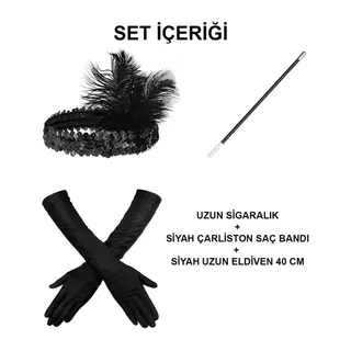 Gatsby Aksesuar Seti – Siyah Charleston Saç Bandı, Uzun Eldiven & Sigaralık
