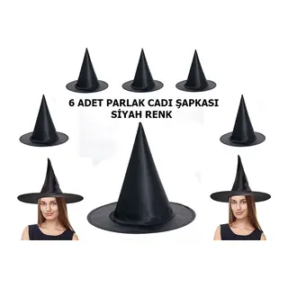 Siyah Renk Parlak Dralon Cadı Şapkası Yetişkin ve Çocuk Uyumlu 6 Adet