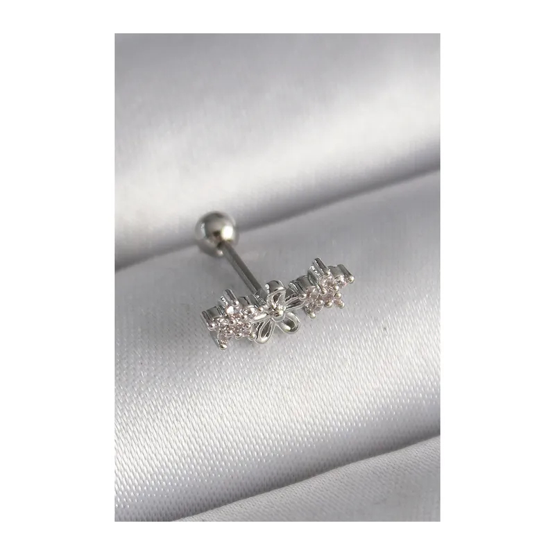 316L Çelik Gümüş Renk Zirkon Taşlı Çiçek Tragus Piercing