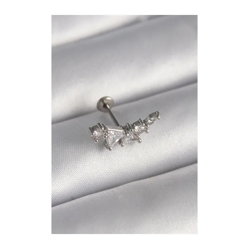316L Çelik Gümüş Renk Zirkon Taşlı Tragus Piercing