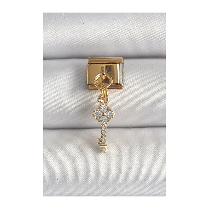 316L Çelik Gold Renk Sallantı Zirkon Taşlı Anahtar Model Nomination Charm