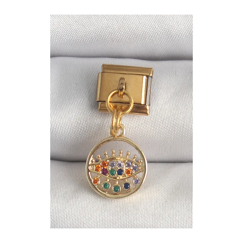 316L Çelik Gold Renk Sallantı Renkli Zirkon Taşlı Göz Model Nomination Charm