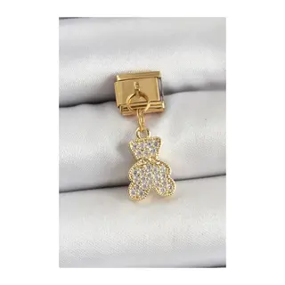 316L Çelik Sallantılı Zirkon Taşlı Ayıcık Model Gold Renk Nomination Charm