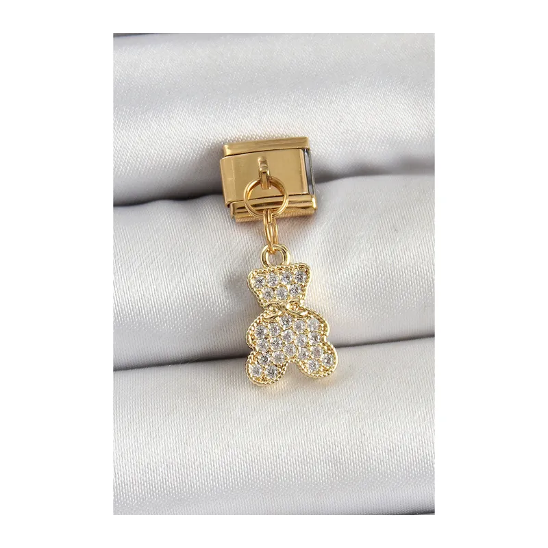 316L Çelik Sallantılı Zirkon Taşlı Ayıcık Model Gold Renk Nomination Charm
