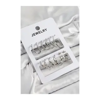 Pirinç Karışık Halka Model Gümüş Renk 6 Çift Kadın Küpe Set