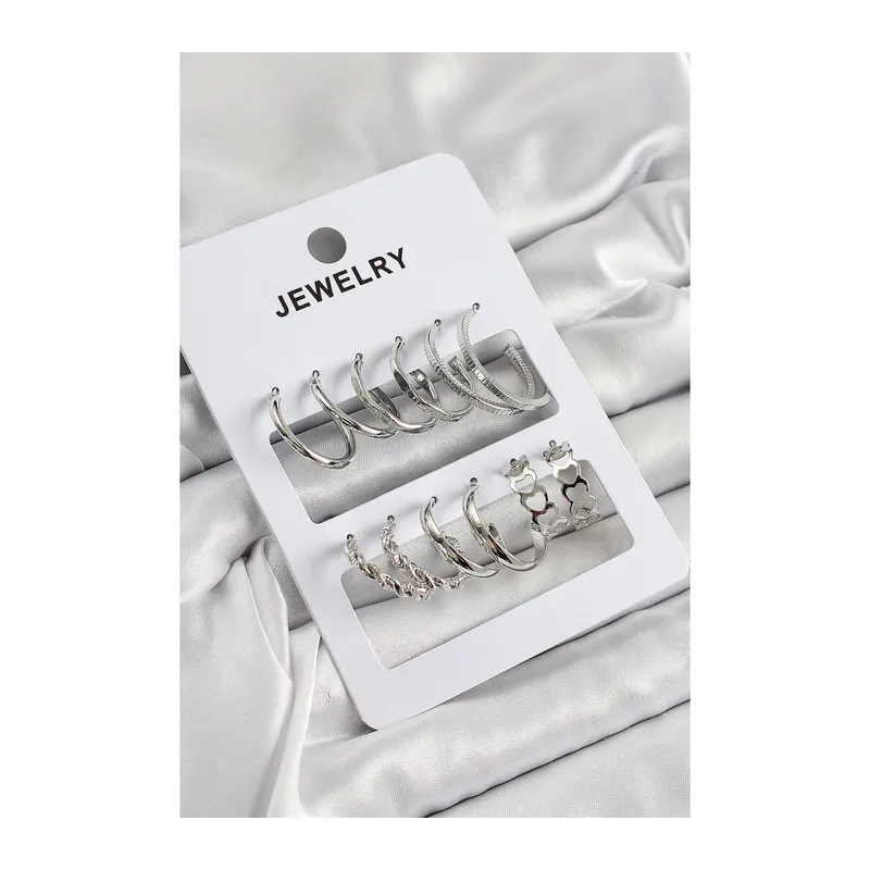 Pirinç Karışık Halka Model Gümüş Renk 6 Çift Kadın Küpe Set