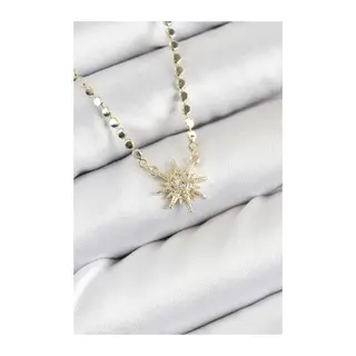 Pirinç Zirkon Taşlı Kutup Yıldızı Model Ezme Zincir Gold Renk Kadın Kolye