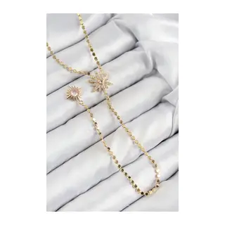 Pirinç Zirkon Taşlı Ezme Zincirli Kutup Yıldızı Model Gold Renk Y Kolye